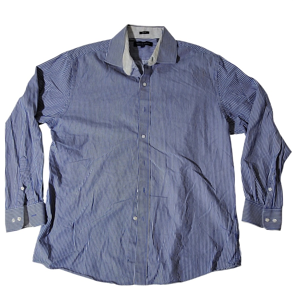 Tommy Hilfiger Mens Slim Fit Blue White Striped Long Sleeve Button Down Shirt 32